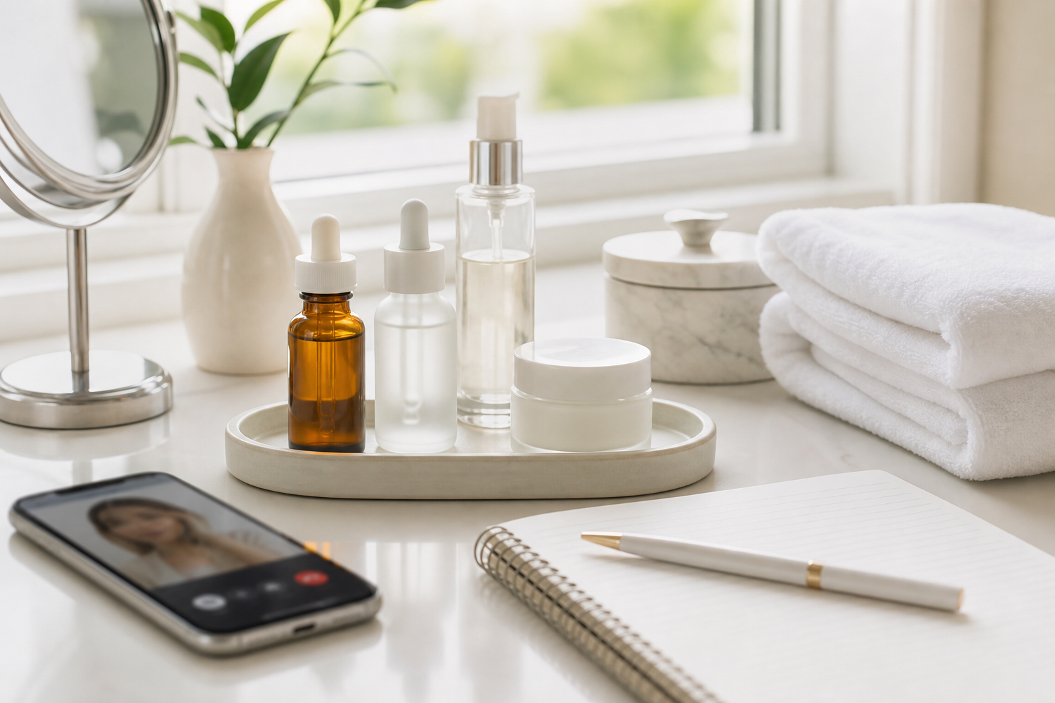 Skincare products and consultation notes